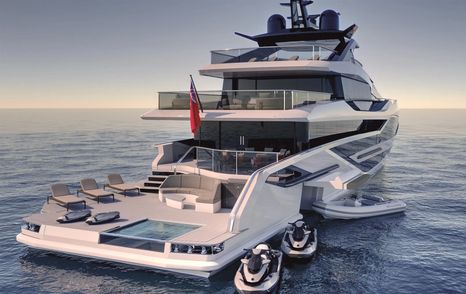 Aft view rendering of Sunseeker Ocean 460. Small infinity pool visible with jet skis adjacent to the superyacht. 