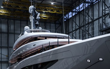 Feadship superyacht FAITH in construction shed pre launch