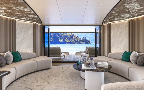 Rendering of Sirena 42M Superyacht main saloon with glass sliding doors 