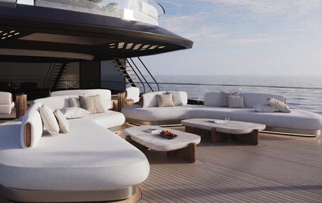 Rendering of ISA Large Yacht Collection Essence 82m superyacht aft deck with U-shaped sofa