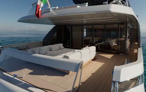 Rendering of Sanlorenzo S110 Asymmetric motor yacht aft decks with sunpads 