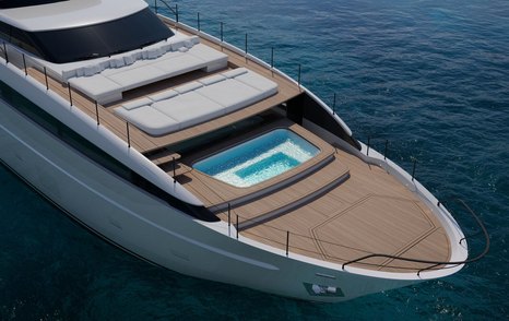 Rendering of Sanlorenzo S110 Asymmetric motor yacht bow with pool and sunpads 