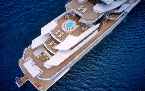 View from above of Superyacht ARTEFACT showing decks cascading