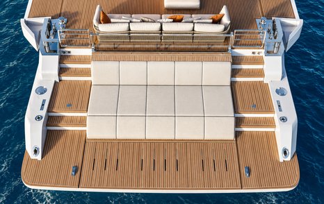 Aerial Rendering of Ferretti INFYNITO 100 Superyacht stern with grey sunpads 