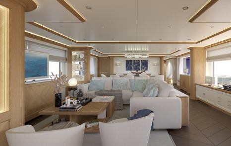 The salon onboard Explorer yacht SEVEN SEAS utilizes neutral furnishings for a relaxed ambiance