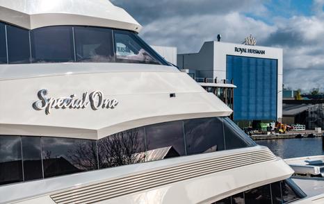 Close up view of the nameplate onboard sportsfisher yacht SPECIAL ONE