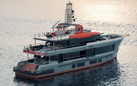 Explorer yacht RAW by Cantiere delle Marche (CdM) mid aerial view over starboard aft deck and along side profile, yacht still in calm water, approaching twilight