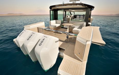 Close up Rendering of 460 GTC boat outboards 