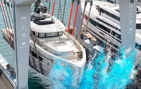 Aerial view of Columbus Atlantique 38M Superyacht Principessa Capricciosa at launch ceremony