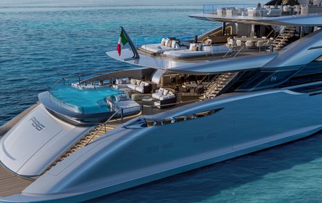 Rendering of ISA Poseidon 86M superyacht stern with infinity pool