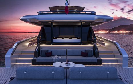 Rendering of Extra X110 Fast motor yacht stern with integrated seating 