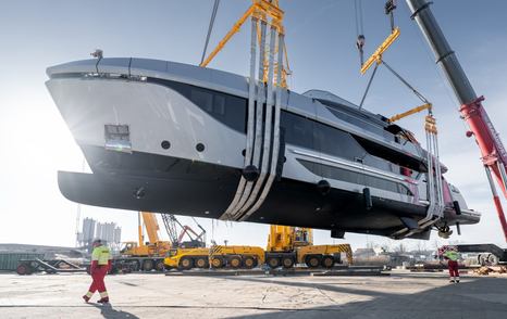 Van der Valk 40m Superyacht Shine in air during launch 