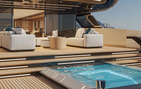 Rendering of Baglietto DOM155 Superyacht stern with shaded seating and infinity pool