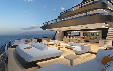 Seating and sunpad on exterior deck area of ISA Zeffiro 130 