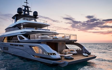 Aft view view of Shabby superyacht showing exterior decks