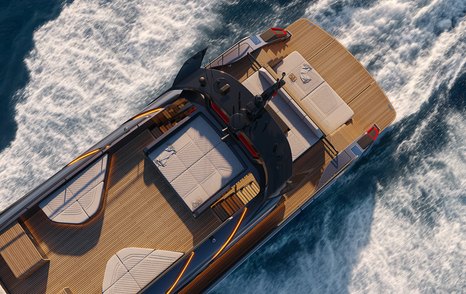 Aerial view of Brabus AB95 motor yacht stern while under way 