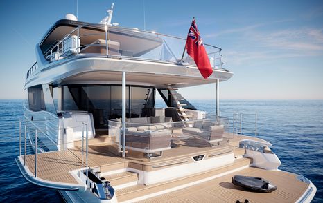 Princess X90 flybridge yacht view of aft deck and beach club 