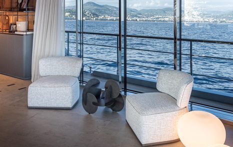 Numarine 30XP's interior seating area with large glass windows