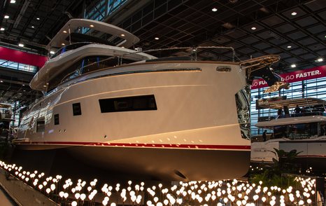 Motor yacht at Boot Düsseldorf 2026 boat show with lights beneath