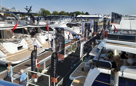 Yachts for sale berthed along the pontoons of Mayflower Park