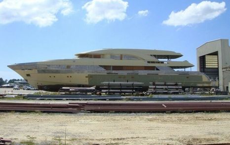 Side view of Trinity T056 hull on tarmac after auction.