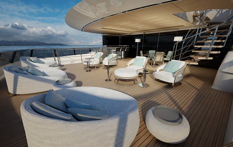 ISA Continental 80 on spec superyacht sundeck teak decking with comfortable seating in sun