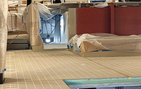 Close up of teak decking on First Forte 47 boat under construction