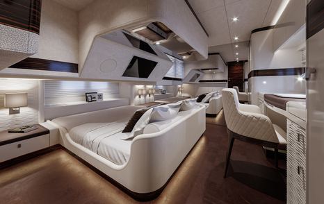 Owner's cabin on Zeelander Z5 with double bed and desk