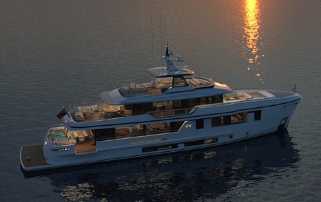 Cantiere delle Marche Deep Blue 115 motor yacht at anchor side view