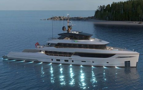 Rendering of Bering 165 explorer yacht at anchor 
