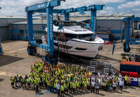 Sunseeker Ocean 156 in slings at launch with sunseeker crew