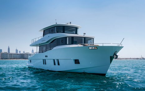 Nomad 65 motor yacht at anchor