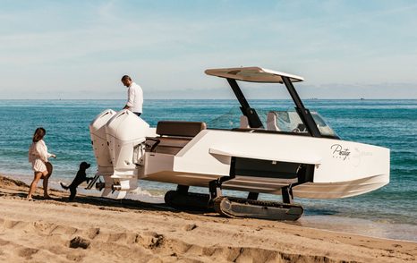 Man and woman with dog leaving amphibious tender on beach