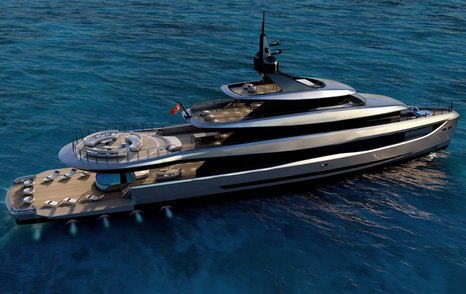 Mengi Yay superyacht Amphib II at anchor view of aft decks 