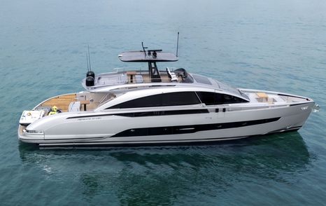 Pershing GTX80 motor yacht at anchor side view 