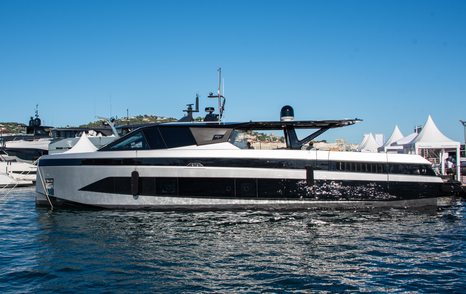 Cannes Yachting Festival 2024 Opening Day wallypower yacht on berth at Vieux Port sunshine blue sky