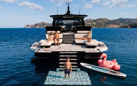 Icona 70 yacht at anchor view of swim platform 