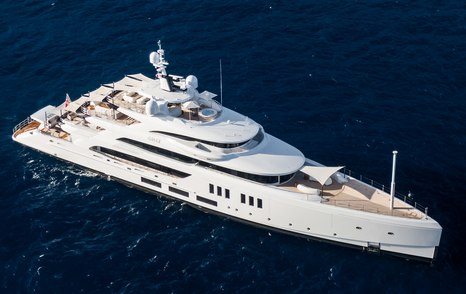 Benetti yacht CALEX shown in far aerial shot with view over starboard side and bow, dark calm waters, seemingly bright day