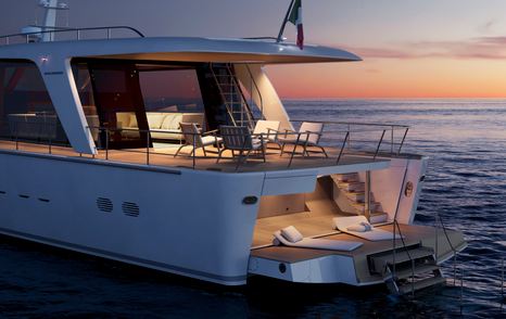 Rendering of Sanlorenzo SHE motor yacht fold out stern and aft deck 