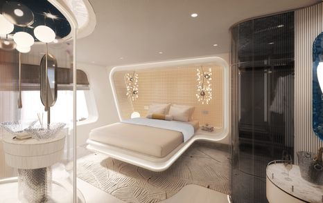 Double bed in mastersuite in rendering of Lurssen superyacht concept ALICE