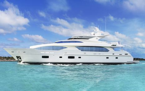 Horizon RP120 motor yacht at anchor side view 