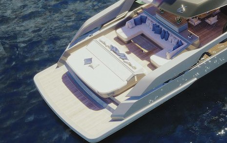 Rendering of second Extra X90 FAST motor yacht stern with white sunpads 