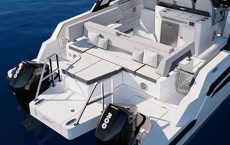 Rendering of Aquila 35 Sport Power Catamaran aft with integrated grey sunpads 