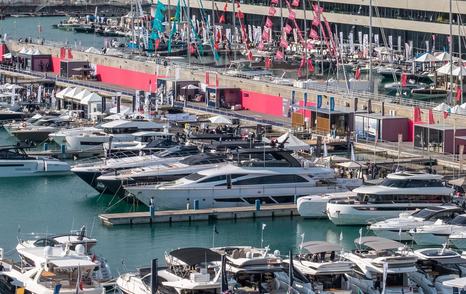 Yachts berthed at the Genoa International Boat Show