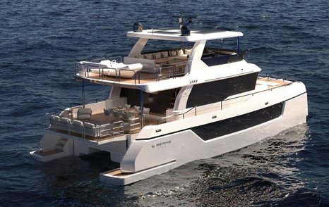 Rendering of Bering BC60 catamaran at anchor 
