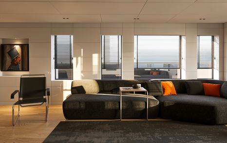 Rendering of 41M EXP Aegean Project Obsidean Blade explorer main salon with grey sofa