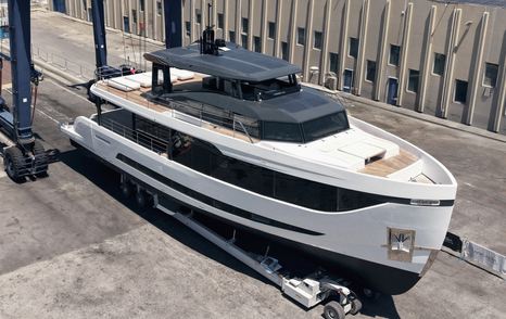 Second Arcadia A80 motor yacht on land side view 