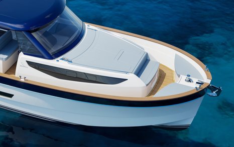 Rendering of Apreamare Gozzo 42 boat foredek with grey sunpad