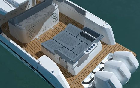Rendering of Cruisers Yachts 45 VTR boat aft deck with grey modular seating 