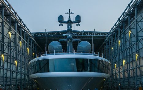 Close up of superyacht Project Cosmos bow at Lurssen shed